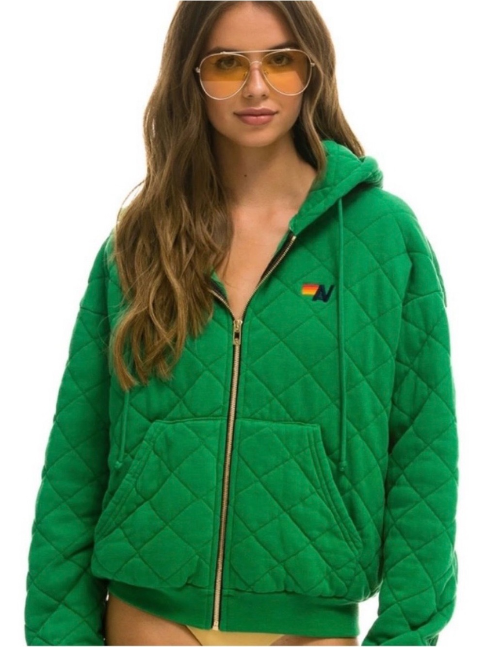 Aviator Nation Quilted Kelly Green Zip Sweatshirt